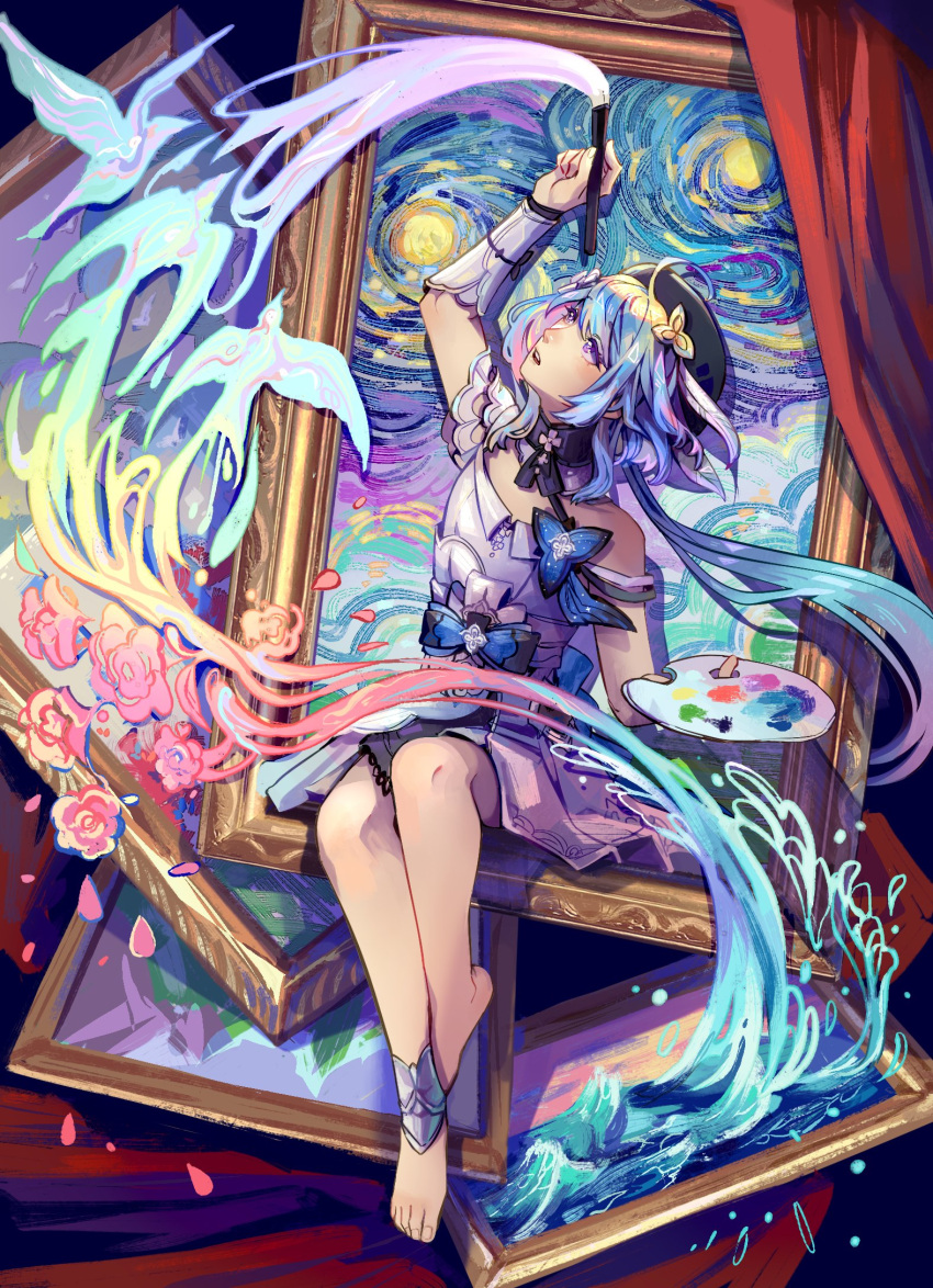 1girl ahoge bangs bare_shoulders barefoot beret blue_eyes blue_hair dress full_body griseo hat highres holding holding_brush honkai_(series) honkai_impact_3rd long_hair open_mouth painting_(action) painting_(object) palette_(object) portrait_(object) sitting solo toenails toes twintails violet_eyes white_dress zephyrine-gale