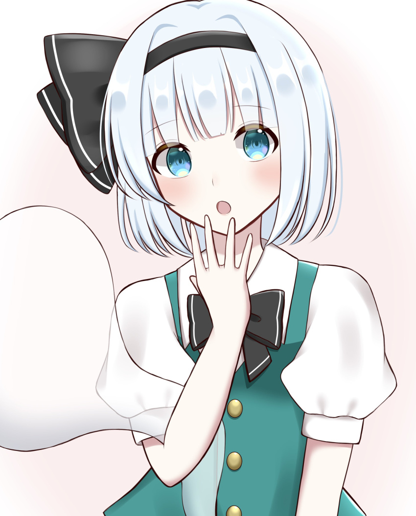 1girl absurdres black_bow black_hairband blue_eyes bow bowtie buttons collared_shirt green_skirt green_vest grey_hair hairband highres konpaku_youmu konpaku_youmu_(ghost) piyoru_nico puffy_short_sleeves puffy_sleeves shirt short_hair short_sleeves simple_background skirt touhou vest white_shirt