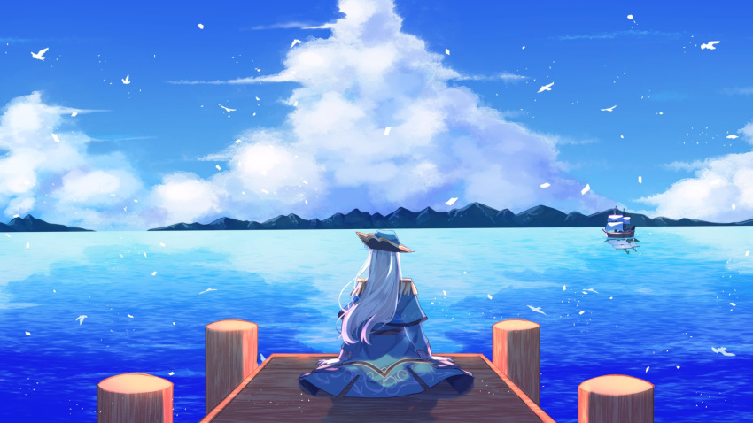 1girl ban_hada bird blue_capelet blue_headwear blue_jacket boat capelet clouds commission english_commentary from_behind grey_hair hat highres jacket mountainous_horizon nijisanji nijisanji_kr ocean pirate_hat scenery second-party_source sitting sky solo sson_(51db_) virtual_youtuber watercraft