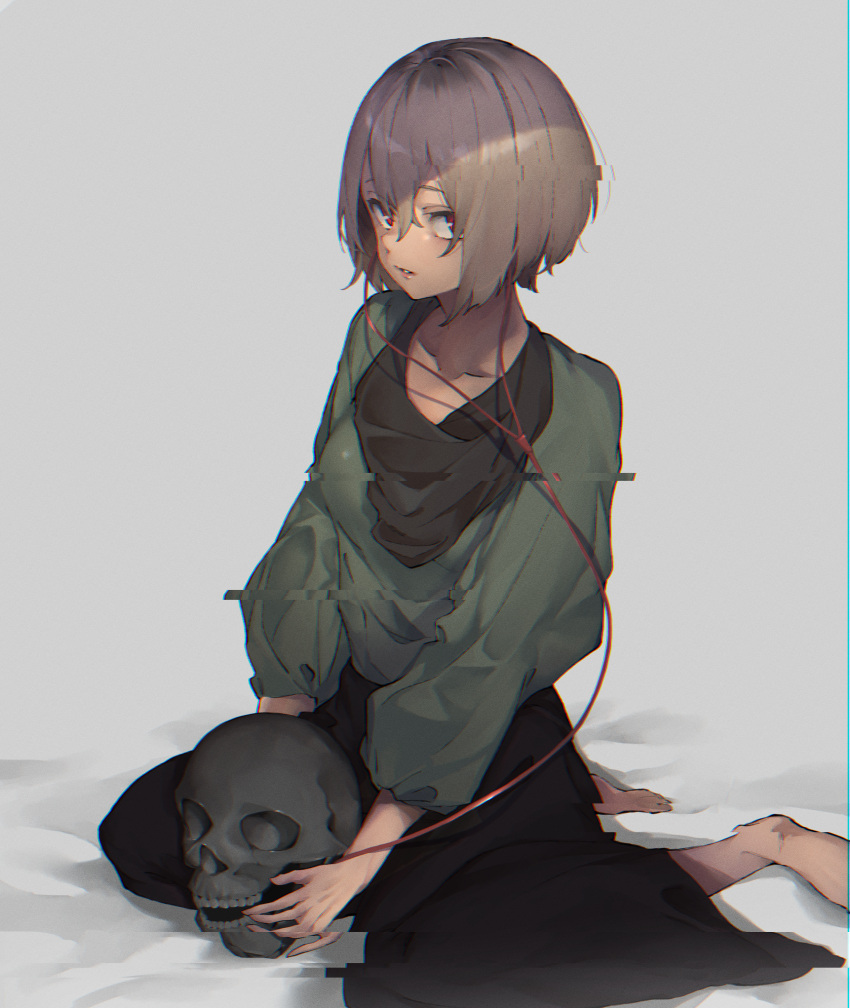 1girl absurdres barefoot brown_hair chromatic_aberration collarbone earphones earphones film_grain glitch highres holding holding_skull horror_(theme) kosmo1214 looking_at_viewer original parted_lips pink_lips red_eyes short_hair sitting skull solo wariza