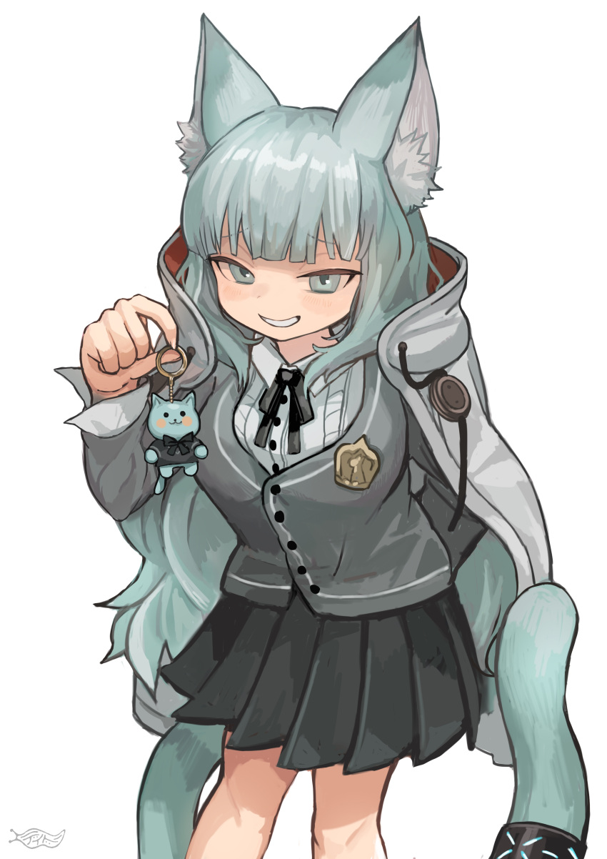 1girl absurdres animal_ear_fluff animal_ears arknights black_ribbon black_skirt buchi0122 cape cat_ears cat_girl cat_tail charm_(object) clenched_teeth collared_shirt commentary feet_out_of_frame green_eyes green_hair grey_sweater_vest grin hand_up harmonie_(arknights) highres holding_charm infection_monitor_(arknights) long_hair looking_at_viewer neck_ribbon parted_lips pleated_skirt ribbon shirt simple_background skirt smile smug solo sweater_vest tail tail_ornament tail_ring teeth uniform white_background white_cape white_shirt