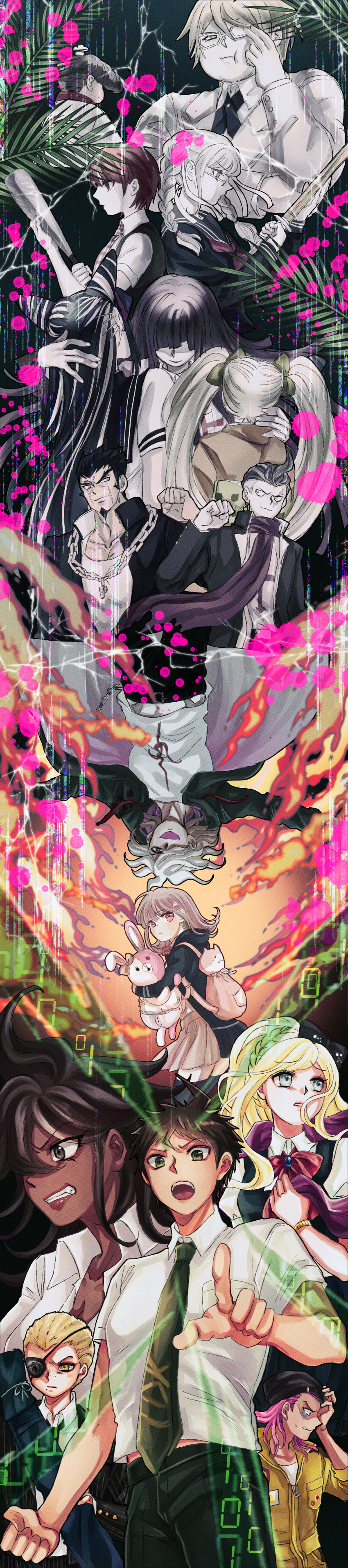 6+boys 6+girls absurdres backpack bag bandages bangs black_bow black_hair black_headwear black_jacket black_pants blonde_hair blue_hair bow brown_hair brown_pants chain chef_hat clenched_hand clenched_teeth collared_shirt danganronpa_(series) danganronpa_2:_goodbye_despair dark-skinned_female dark_skin dress drill_hair everyone eyepatch facial_hair fat fat_man freckles galaga glasses goatee green_dress green_necktie grey_hair hair_bow hair_horns hair_ornament hair_ribbon hanamura_teruteru hand_up hat highres hinata_hajime holding holding_weapon jacket japanese_clothes jumpsuit kimono koizumi_mahiru komaeda_nagito kuzuryuu_fuyuhiko long_hair medium_hair midori_(310ri_21) mioda_ibuki monomi_(danganronpa) multicolored_background multicolored_hair multiple_boys multiple_girls nanami_chiaki necktie nidai_nekomaru open_clothes open_jacket open_mouth orange_jumpsuit orange_kimono owari_akane pants pekoyama_peko piercing pink_eyes pink_hair pointing pointing_at_viewer ponytail print_shirt ribbon saionji_hiyoko scarf school_uniform serafuku shiny shiny_hair shiny_hiar shirt short_hair smile sonia_nevermind souda_kazuichi spoilers tall_image tanaka_gandamu teeth togami_byakuya_(danganronpa_2) tsumiki_mikan twintails two-tone_hair upper_teeth upside-down weapon white_hair white_ribbon