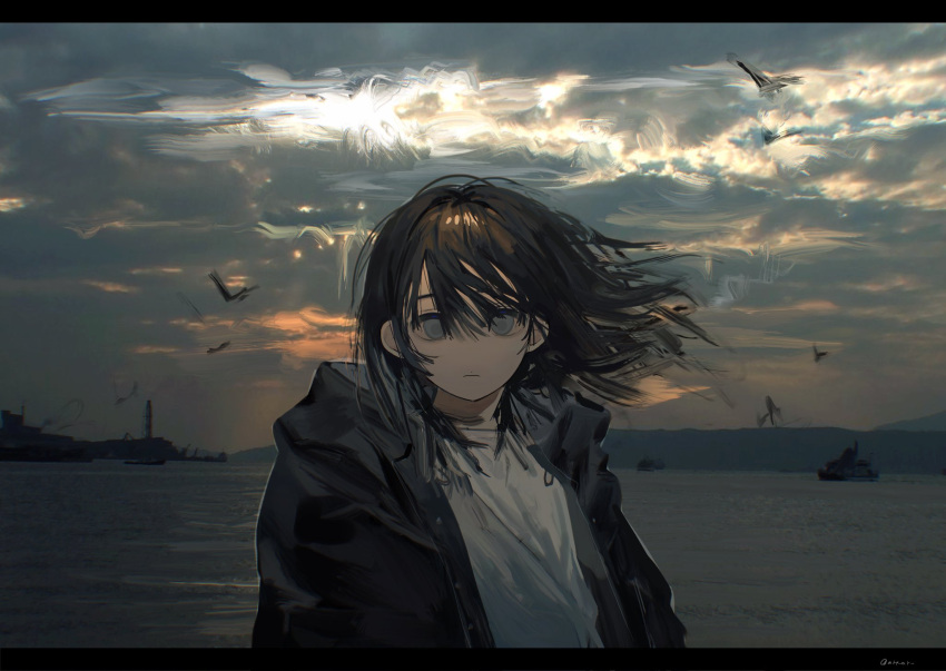 1girl bangs banned_artist bird black_jacket blue_eyes brown_hair closed_eyes clouds cloudy_sky expressionless highres jacket long_sleeves looking_at_viewer mrt_mr ocean original outdoors scenery seagull shirt short_hair sky solo water white_shirt