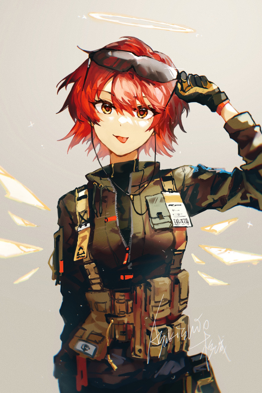 1girl :p absurdres adjusting_eyewear arknights artist_name asakishiosugishiro black_gloves black_jacket breasts detached_wings earphones earphones energy_wings exusiai_(arknights) exusiai_(wild_operation)_(arknights) food gloves grey_background halo hand_up highres id_card jacket long_sleeves looking_at_viewer official_alternate_costume pocky redhead short_hair simple_background small_breasts solo straight-on sunglasses tactical_clothes tongue tongue_out vest wings yellow_eyes