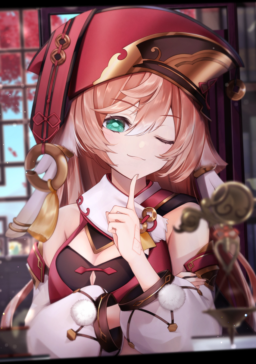 1girl absurdres antlers asahi_(vjss4548) bare_shoulders blurry blurry_foreground detached_sleeves finger_to_mouth genshin_impact green_eyes hair_between_eyes hand_up hat highres index_finger_raised long_hair one_eye_closed pink_hair smile solo tassel upper_body yanfei_(genshin_impact)