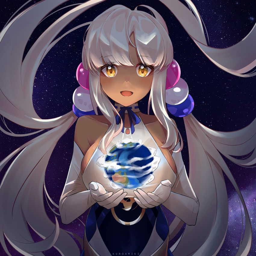 1girl absurdres artist_name breasts brown_eyes dark-skinned_female dark_skin earth_(planet) elbow_gloves gloves highres hololive hololive_english kuro_0129 large_breasts long_hair planet sleeveless space star_(sky) tsukumo_sana twintails virtual_youtuber white_hair