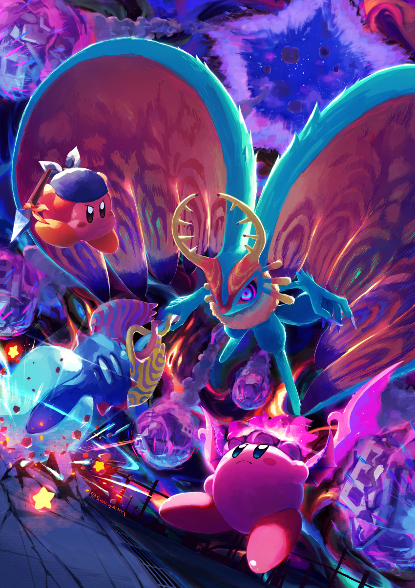 absurdres antlers bandana bandana_waddle_dee battle blue_bandana blue_eyes claws commentary copy_ability crack darkness feathered_wings fecto_elfilis fire fur highres holding holding_polearm holding_weapon kirby kirby_(series) kirby_and_the_forgotten_land meteor_shower monster multicolored_eyes no_humans polearm railing spear star_(symbol) suyasuyabi twitter_username violet_eyes weapon wings