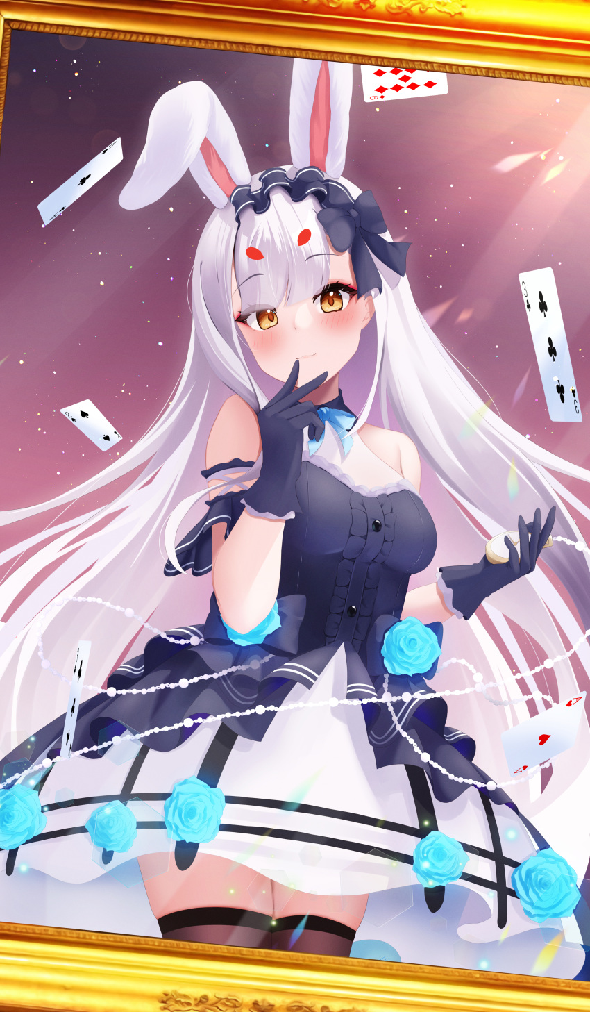 1girl absurdres azur_lane black_gloves blue_flower breasts brown_thighhighs card dress flower frilled_gloves frills gloves hairband highres layered_dress lolita_hairband long_hair looking_at_viewer medium_breasts official_alternate_costume playing_card purple_dress rabbit_girl shimakaze_(azur_lane) shimakaze_(the_white_rabbit_of_wonderland)_(azur_lane) short_dress sleeveless sleeveless_dress solo standing sumisumi4268 thigh-highs two-tone_dress very_long_hair white_dress yellow_eyes zettai_ryouiki