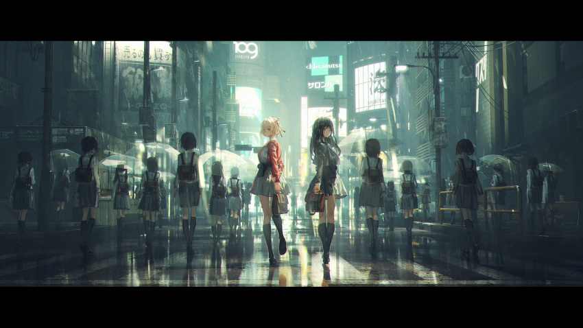 6+girls bag bangs black_footwear black_hair black_socks blonde_hair blue_dress bob_cut brown_bag building city collared_shirt dress english_commentary fen_bang_laoda grey_dress hair_ribbon highres holding holding_bag holding_umbrella inoue_takina kneehighs letterboxed loafers long_hair looking_back lycoris_recoil multiple_girls nishikigi_chisato outdoors pleated_dress rain red_dress red_eyes red_ribbon ribbon school_uniform shirt shoes short_hair socks two-tone_dress umbrella violet_eyes white_shirt