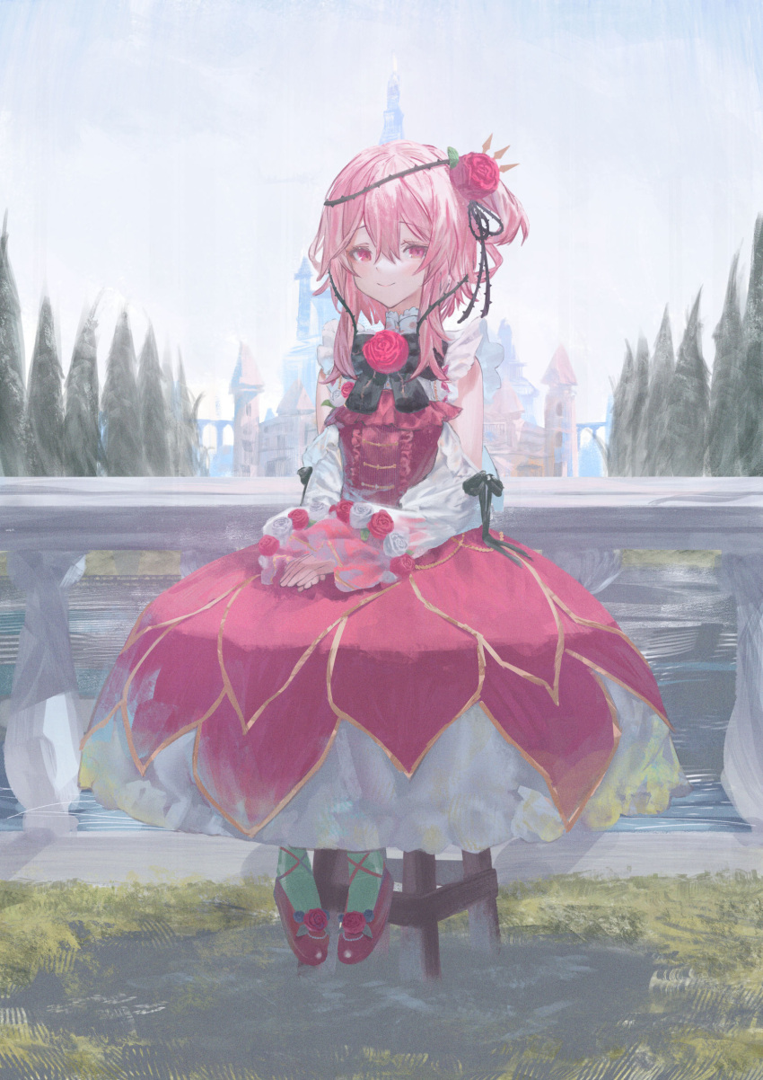 1girl bare_shoulders betabeet black_bow black_bowtie blush bow bowtie castle clothing_cutout dress english_commentary flower green_pantyhose hair_ornament highres lake looking_at_viewer medium_hair nijisanji nijisanji_en pantyhose pink_eyes pink_hair pose red_dress red_flower red_footwear red_rose red_shirt rose rosemi_lovelock shirt shoes short_sidetail shoulder_cutout sitting smile stool thorns tree tsurime virtual_youtuber white_flower white_rose