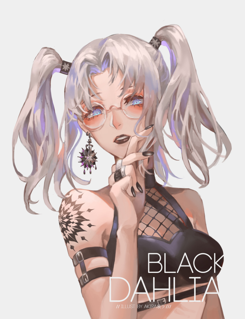 1girl black_lips blue_eyes earrings flower glasses highres jewelry nail_polish original ring shoulder_tattoo tattoo tsukimiya_akira twintails white_hair