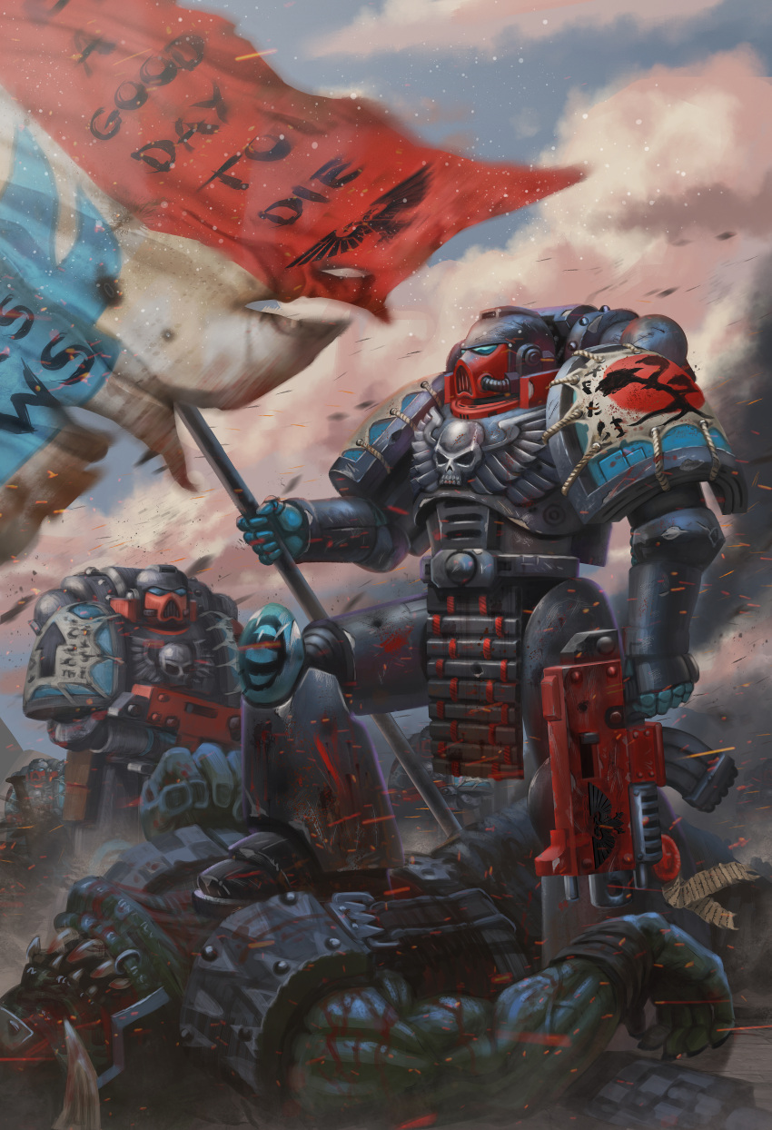 4boys absurdres adeptus_astartes armor armored_boots blood blue_sky bolter boots clouds cloudy_sky death flag full_body gauntlets gun helmet highres holding holding_flag holding_gun holding_weapon imperium_of_man japanese_armor jubjubjedi multiple_boys orc orkz pauldrons shoulder_armor skull sky standing warhammer_40k weapon