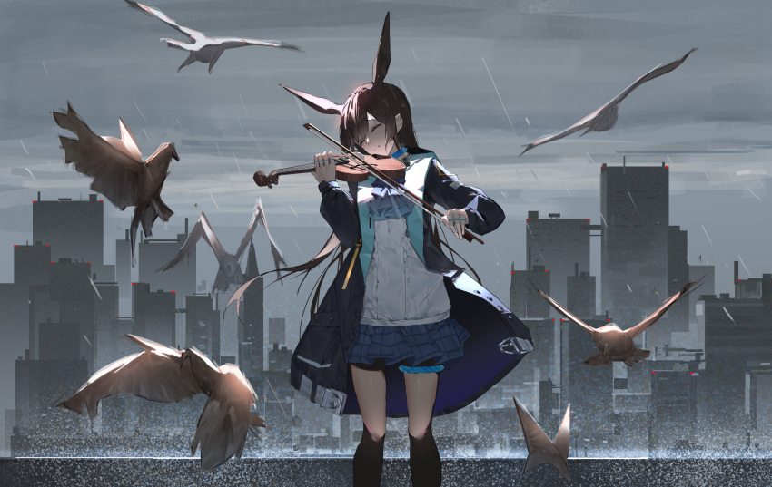 1girl 2k14_chudong absurdres alternate_hairstyle amiya_(arknights) animal_ears arknights ascot bird black_coat black_hair black_pantyhose blue_ascot blue_skirt city closed_eyes closed_mouth clouds cloudy_sky coat day feet_out_of_frame hair_down highres instrument jewelry long_hair long_sleeves miniskirt multiple_rings music open_clothes open_coat outdoors pantyhose plaid plaid_skirt playing_instrument pleated_skirt rabbit_ears rain ring rooftop shirt skirt sky smile solo standing thighlet very_long_hair violin white_shirt