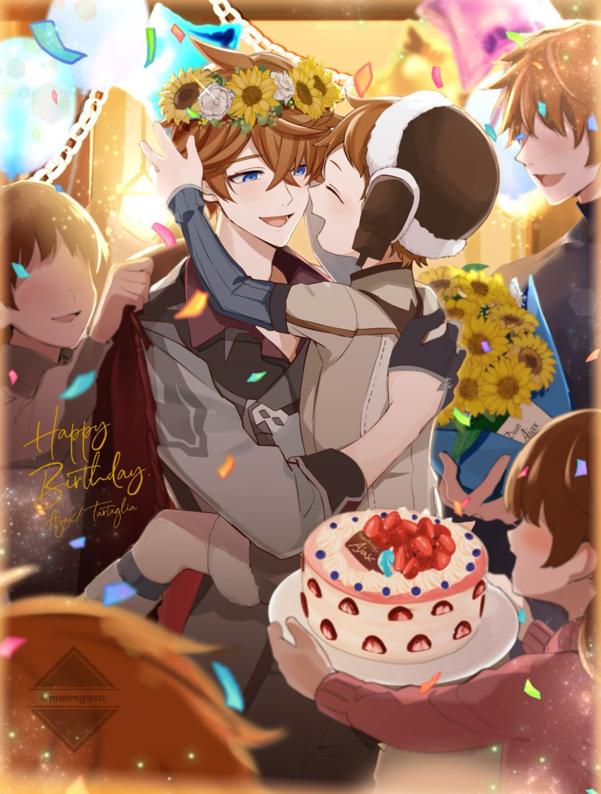 1other 5boys :d ^_^ ahoge artist_name bangs birthday birthday_cake black_gloves blue_eyes blurry blush bouquet brothers brown_headwear brown_shorts cake cape carrying character_name child closed_eyes collared_jacket confetti crossed_bangs depth_of_field flower flower_wreath food fruit fur-trimmed_headwear fur-trimmed_shorts fur_hat fur_trim genshin_impact gloves grey_jacket hair_between_eyes half_gloves happy happy_birthday hat head_wreath highres holding hug jacket long_sleeves looking_at_another male_child mmmgnsn multiple_boys open_mouth orange_hair profile red_cape shirt short_hair shorts siblings sleeves_rolled_up smile standing strawberry sunflower tartaglia_(genshin_impact) teucer_(genshin_impact) tray twitter_username white_flower yellow_flower