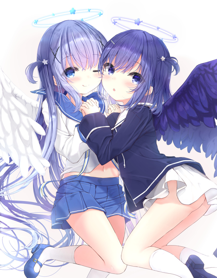 2girls :o ;q black_shirt blue_eyes blue_footwear blue_hair blue_sailor_collar blue_skirt blue_wings blush closed_mouth commentary_request feathered_wings flower fuiba_fuyu gochuumon_wa_usagi_desu_ka? hair_flower hair_ornament halo highres holding_hands kafuu_chino kouda_suzu long_sleeves multiple_girls navel one_eye_closed parted_lips pleated_skirt sailor_collar school_uniform serafuku shirt shoe_soles shoes simple_background skirt sleeves_past_wrists smile socks tongue tongue_out two_side_up white_background white_flower white_sailor_collar white_shirt white_skirt white_wings wings x_hair_ornament