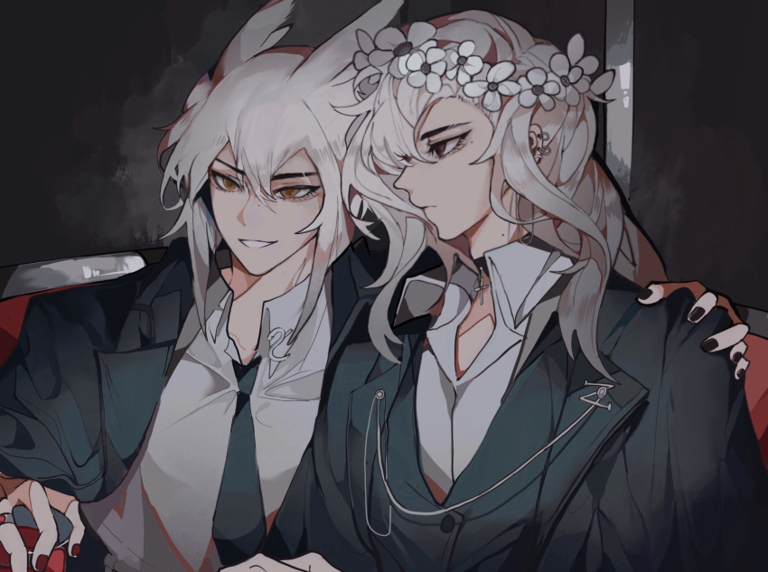2boys alcohol bai_xiao bishounen black_nails choker collared_shirt daydream_forester doupichipizi ear_piercing formal grey_hair hair_down hair_over_shoulder hand_on_another's_shoulder highres long_hair multiple_boys piercing pointy_hair profile red_nails shirt sidelocks sky:_children_of_the_light smile suit uniform vest white_hair white_shirt wreath