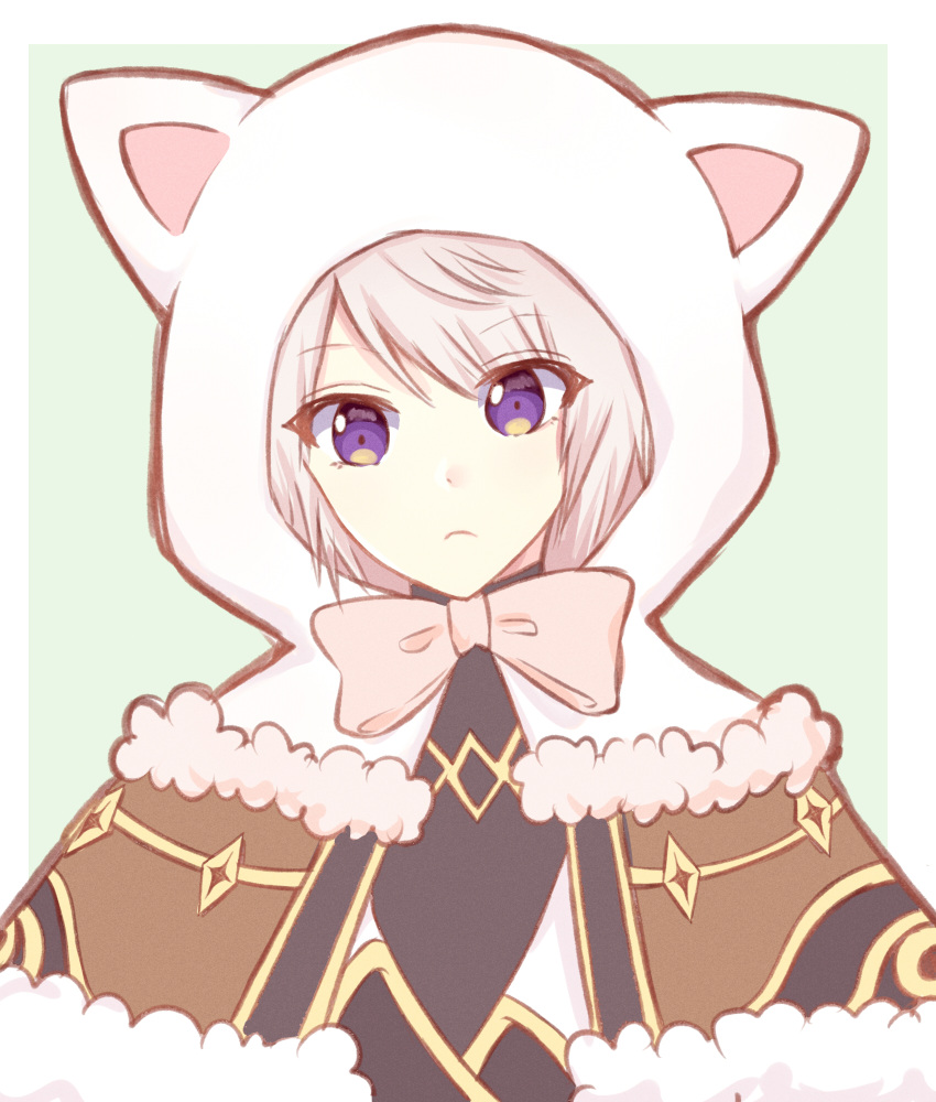1boy animal_ears animal_hood bangs bow brown_capelet brown_hair capelet closed_mouth fake_animal_ears fur-trimmed_capelet fur_trim green_background high_priest_(ragnarok_online) highres hood hood_up light_(luxiao_deng) looking_at_viewer male_focus pink_bow ragnarok_online solo two-tone_background upper_body violet_eyes white_background