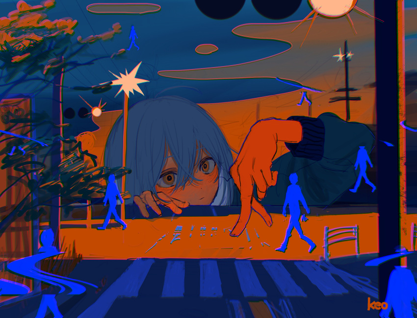 1girl ahoge colored_skin crosswalk giant giantess hair_between_eyes highres keo_(oketa99) lamppost orange_eyes orange_skin original people silhouette white_hair