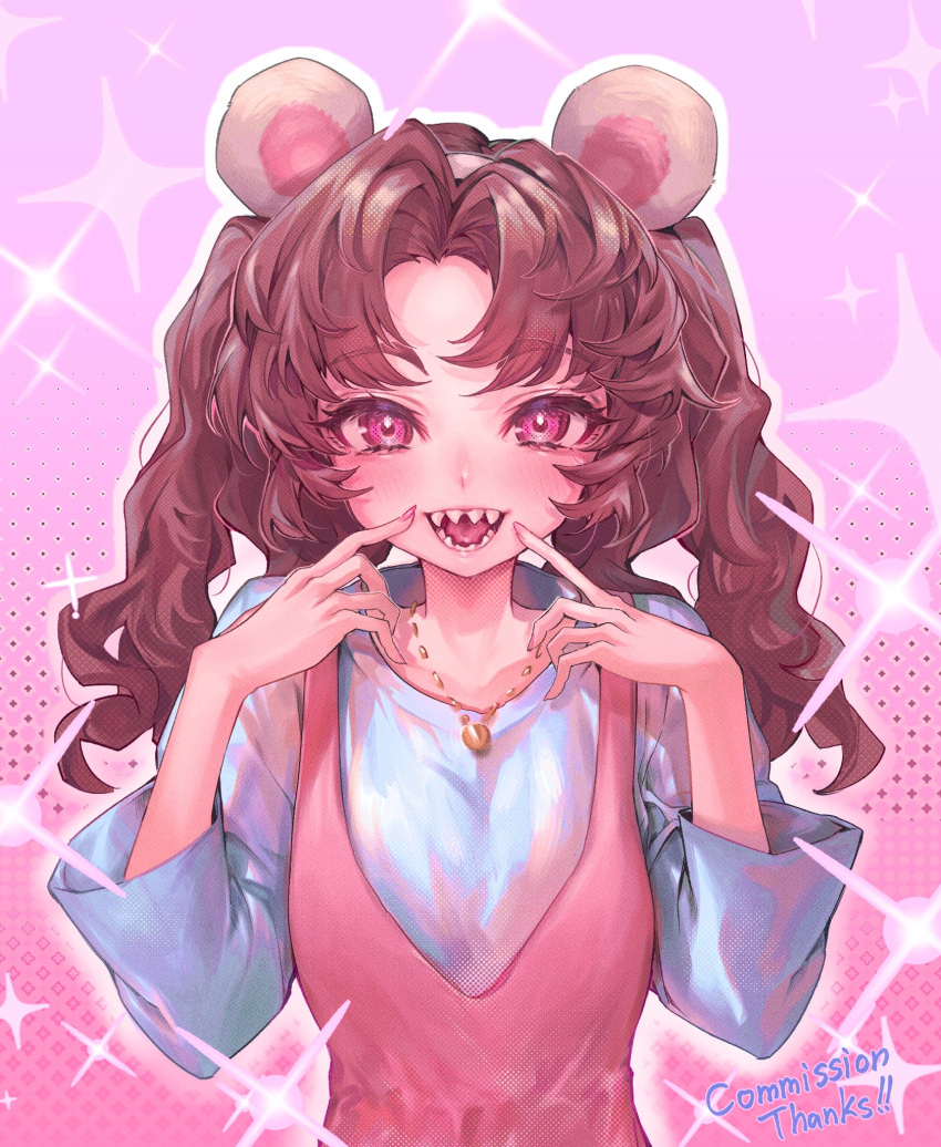 1girl animal_ears blush brown_hair close-up commission cropped eyelashes fingernails fireworks highres jewelry long_eyelashes long_fingernails long_hair looking_at_viewer maido_mido necklace open_mouth original outline patterned patterned_background pink_eyes pink_nails sharp_teeth skeb_commission solo sparkler teeth thank_you tongue twintails white_outline