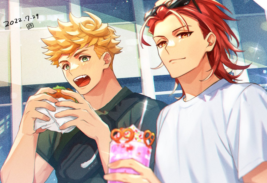 2boys bangs black_shirt blonde_hair burger closed_mouth cup dated day drinking_straw eyewear_on_head food granblue_fantasy green_eyes holding holding_cup holding_food incoming_food male_focus multiple_boys open_mouth outdoors percival_(granblue_fantasy) red_eyes redhead satoimo_sanda shirt short_hair smile sunglasses undercut upper_body vane_(granblue_fantasy) white_shirt