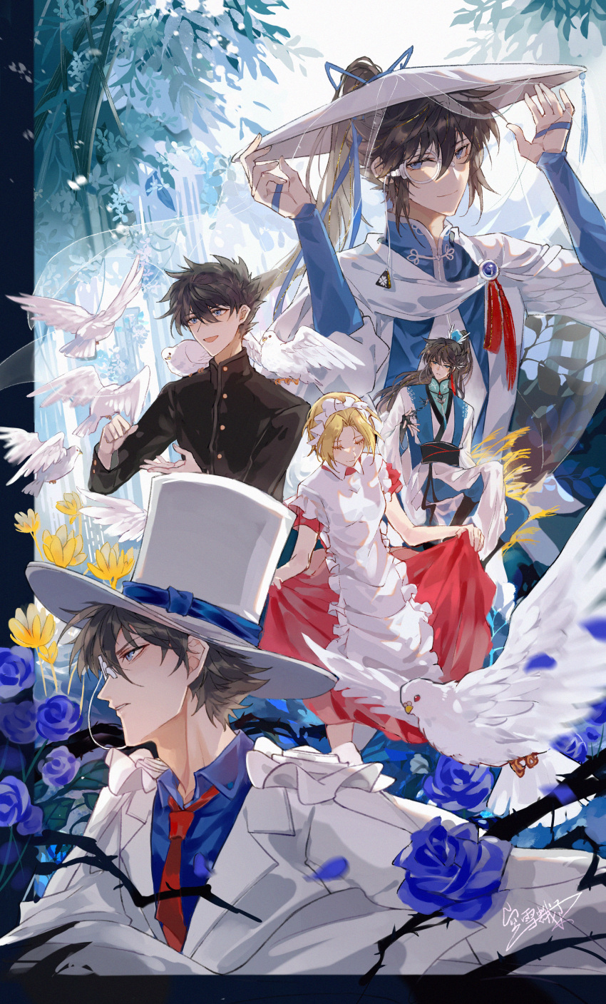 absurdres arm_support bangs bird biyoki black_hair blonde_hair blue_eyes blue_flower blue_rose brown_hair cape character_request chinese_clothes dual_persona flower formal gloves hanfu hat highres kaitou_kid looking_at_viewer magic_kaito male_focus monocle multiple_persona necktie parted_bangs profile red_necktie rose shirt short_hair silk suit tassel top_hat upper_body v-shaped_eyebrows variations weimao white_gloves white_headwear