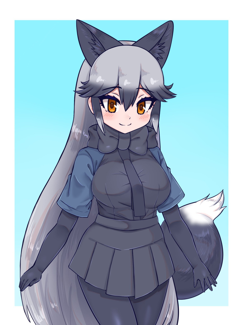 1girl adapted_costume animal_ears aramaru black_bow black_bowtie black_gloves black_necktie black_pantyhose black_shirt black_skirt blue_shirt bow bowtie commentary_request elbow_gloves extra_ears fox_ears fox_girl fox_tail gloves grey_hair highres kemono_friends long_hair multicolored_hair necktie orange_eyes pantyhose pleated_skirt shirt short_sleeves sidelocks silver_fox_(kemono_friends) skirt solo tail