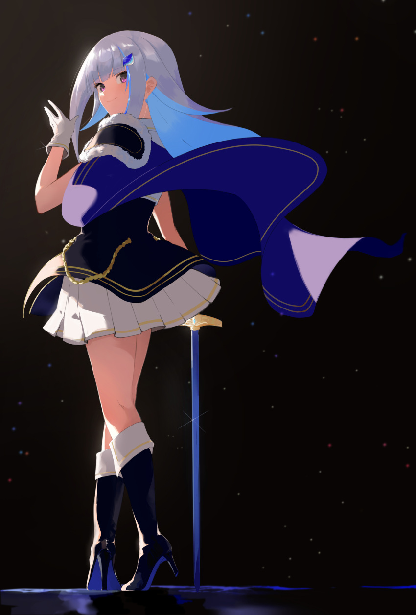 1girl absurdres bangs blue_footwear blue_jacket cape closed_mouth colored_inner_hair full_body gloves gohan_(gohanchang) grey_hair hair_ornament hand_up high_heels highres jacket lize_helesta long_hair looking_at_viewer looking_back multicolored_hair nijisanji sidelocks skirt smile solo sparkle sword textless_version violet_eyes virtual_youtuber walking weapon white_gloves white_skirt