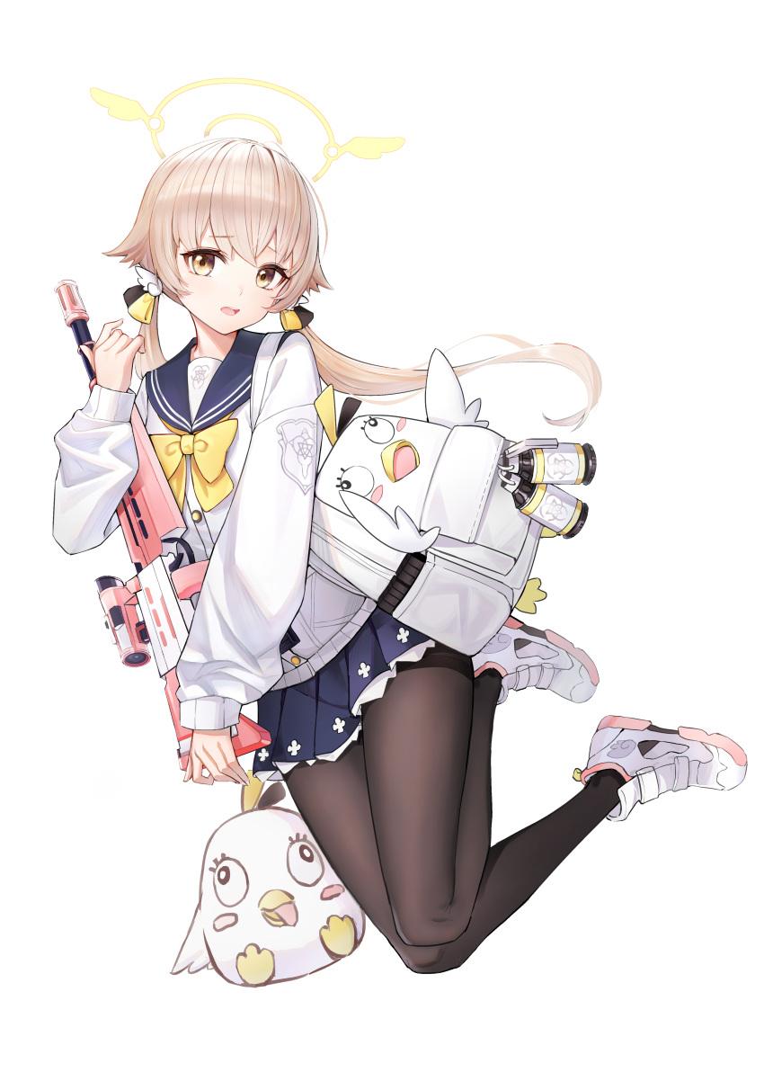 1girl absurdres bangs blonde_hair blue_archive blush buttons commentary_request gun halo hifumi_(blue_archive) highres holding holding_gun holding_weapon long_hair long_sleeves looking_at_viewer low_twintails open_mouth pantyhose rifle sailor_collar shoes sidelocks simple_background sneakers solo twintails weapon white_background xpsuv yellow_eyes