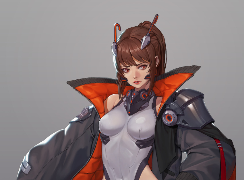1girl armor barcode black_coat brown_eyes brown_hair coat covered_navel cropped dkxlek gradient gradient_background grey_background grey_leotard hand_on_hip headgear highres leotard long_hair multicolored_clothes multicolored_coat open_clothes open_coat orange_coat original parted_lips pauldrons pink_lips ponytail science_fiction shoulder_armor single_bare_shoulder single_pauldron solo teeth two-tone_coat zipper
