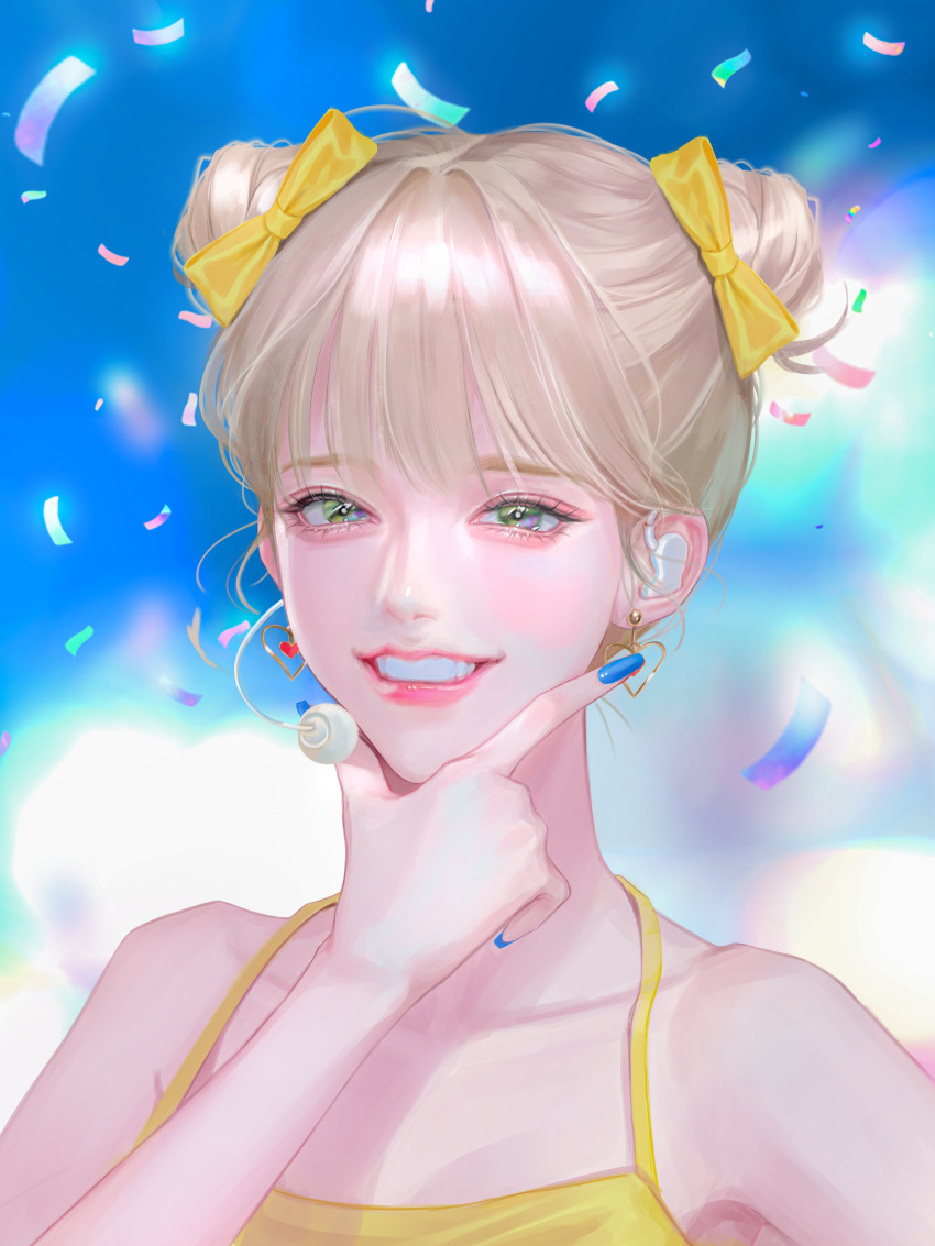 1girl absurdres blonde_hair blue_nails blurry blurry_background camisole chaguem collarbone confetti double_bun finger_gun green_eyes hair_behind_ear hair_bun hand_on_own_chin headset highres looking_at_viewer original parted_lips portrait smile solo yellow_camisole