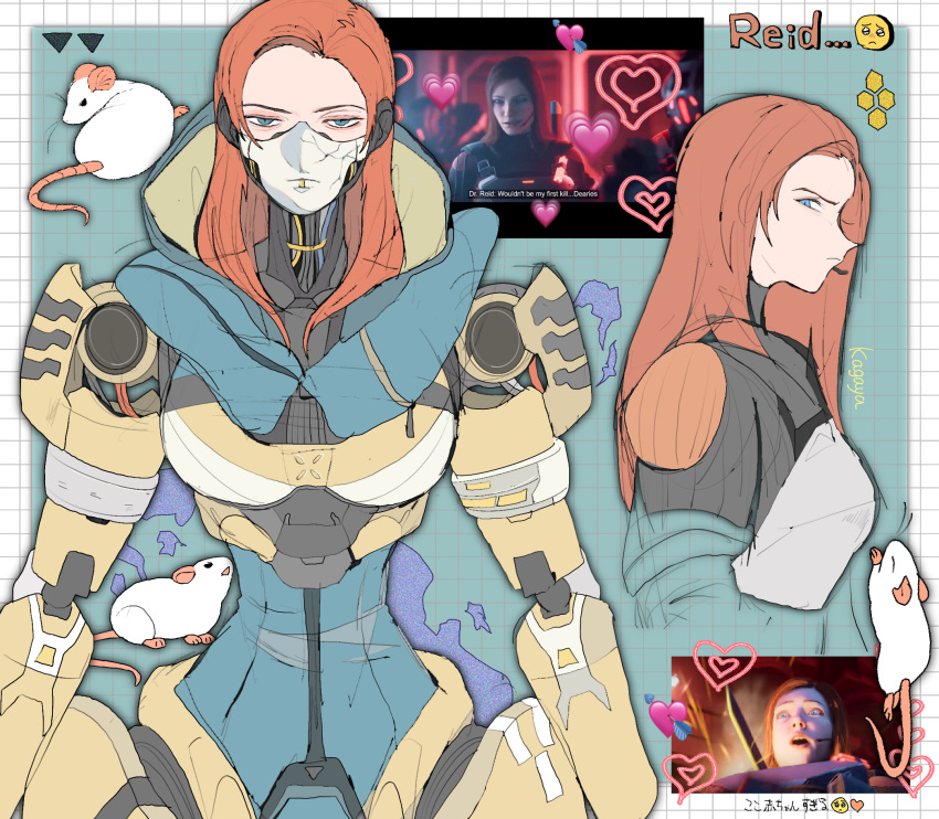 1girl apex_legends armor ash_(titanfall_2) ash_(titanfall_2)_(cosplay) ashleigh_reid blue_eyes breastplate cable cosplay english_text hair_behind_ear headset heart highres kagaya_(oshiriudon) long_hair looking_at_viewer looking_to_the_side mask mouse multiple_views orange_hair stab