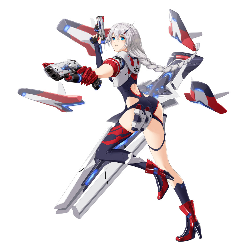 1girl absurdres aiming_at_viewer armored_leotard asymmetrical_legwear bangs black_thighhighs blue_eyes boots closed_mouth dual_wielding full_body gotointhepark gun hair_ornament hairpin handgun high_heel_boots high_heels highres holding holding_gun holding_weapon honkai_(series) honkai_impact_3rd kallen_kaslana kallen_kaslana_(ritual_imayoh) looking_at_viewer mismatched_legwear short_sleeves simple_background solo thigh-highs weapon white_background white_hair