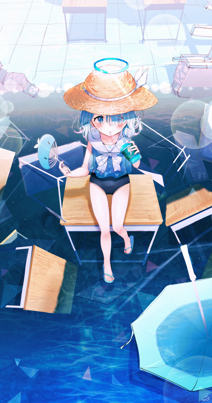 1girl absurdres arona_(blue_archive) bangs blue_archive blue_eyes blue_footwear blue_hair blue_shirt blue_swimsuit blush bow bowtie collarbone cup desk drink drinking_straw eyes_visible_through_hair flip-flops full_body hair_over_one_eye halo hand_fan hands_up hat hat_ribbon highres holding holding_cup holding_fan looking_at_viewer medium_hair multicolored_hair nishi_yasuaki on_desk one-piece_swimsuit paper_fan parted_bangs parted_lips pink_hair ribbon sailor_collar sandals school_desk see-through see-through_shirt shirt sidelocks sitting sleeveless sleeveless_shirt solo straw_hat streaked_hair swimsuit swimsuit_under_clothes tareme tile_floor tiles toes two-tone_hair water white_bow white_bowtie white_ribbon white_sailor_collar