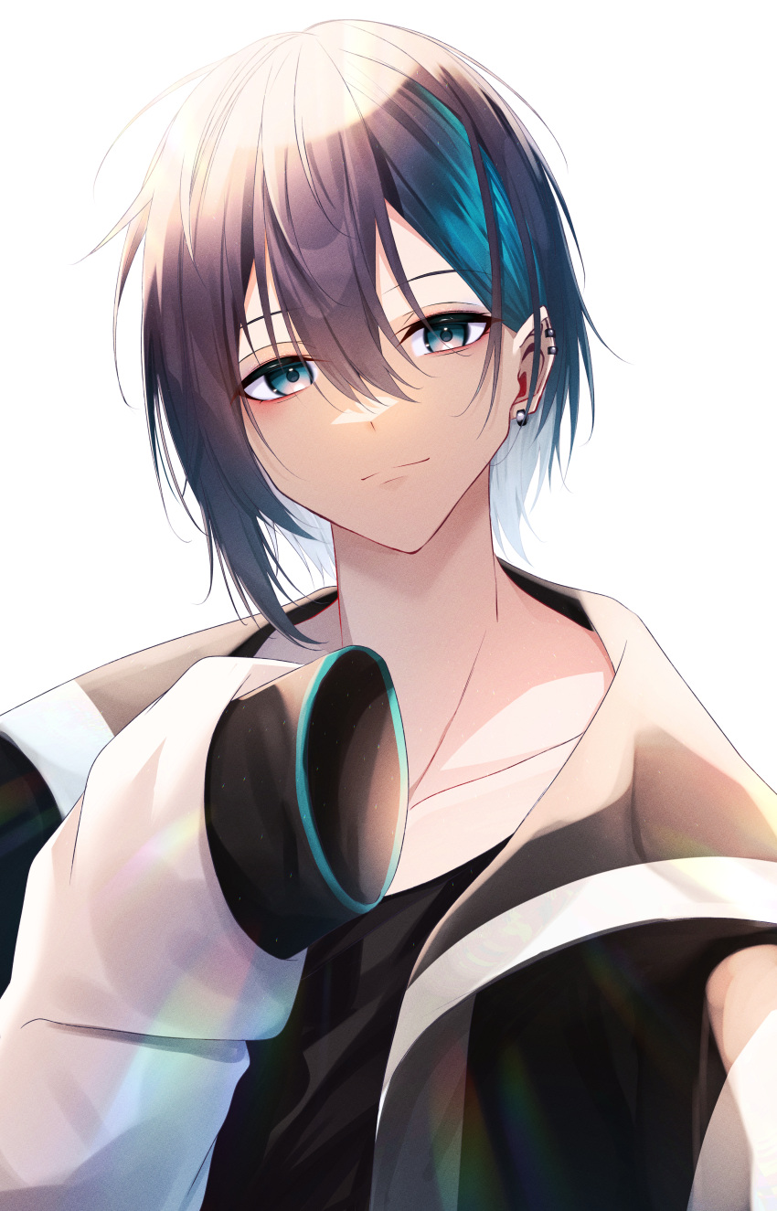 1boy absurdres black_hair black_jacket black_shirt blue_eyes blue_hair closed_mouth collarbone ear_piercing earrings head_tilt highres jacket jewelry looking_at_viewer male_focus mayuzumi_kai multicolored_hair nijisanji open_clothes open_jacket piercing pointy_ears shirt simple_background smile solo streaked_hair suisen-21 upper_body virtual_youtuber white_background