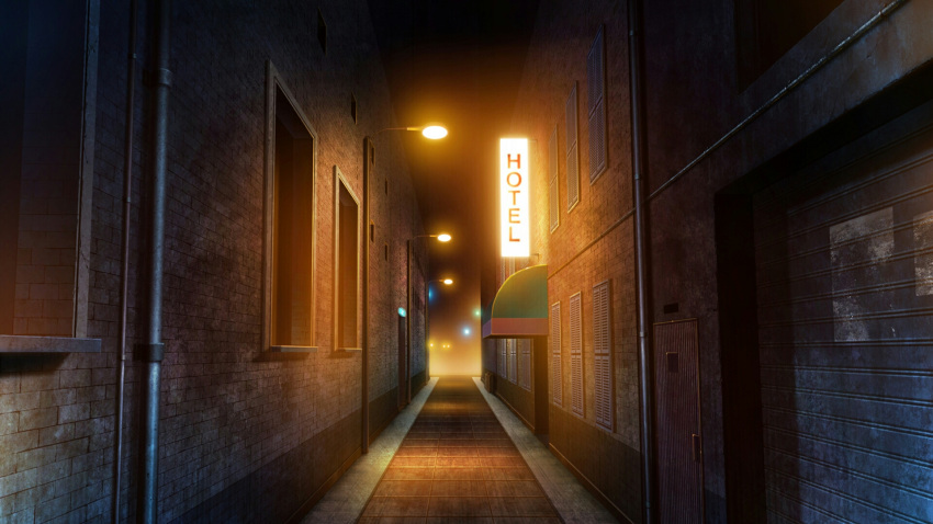 alley building commentary door english_commentary highres hotel lamppost light night night_sky no_humans original outdoors rkmlady sky window