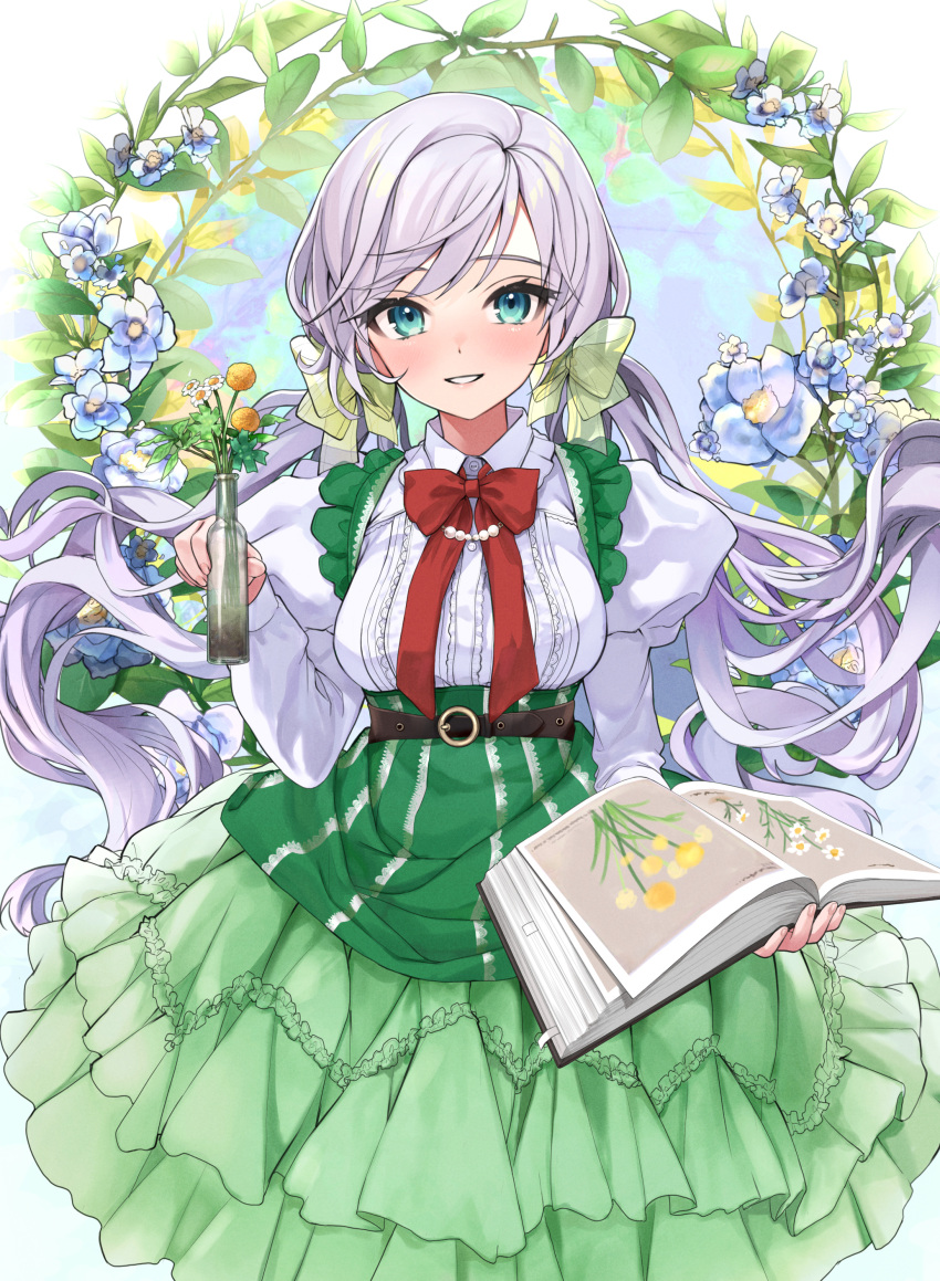 1girl absurdres aqua_eyes bangs bead_necklace beads belt black_belt blush book bow bowtie branch center_frills collared_shirt dress eyelashes floating_hair flower frilled_dress frills green_bow green_dress grey_hair hair_bow hair_ornament hand_up highres holding holding_book holding_vase jewelry juliet_sleeves leaf long_hair long_sleeves looking_at_viewer low_twintails necklace o-ring o-ring_belt open_book original parted_lips pinafore_dress plant puffy_sleeves red_bow red_bowtie revision shirt shirt_tucked_in sidelocks smile solo standing swept_bangs tate_yukimi teeth twintails vase very_long_hair white_flower white_shirt wing_collar yellow_flower