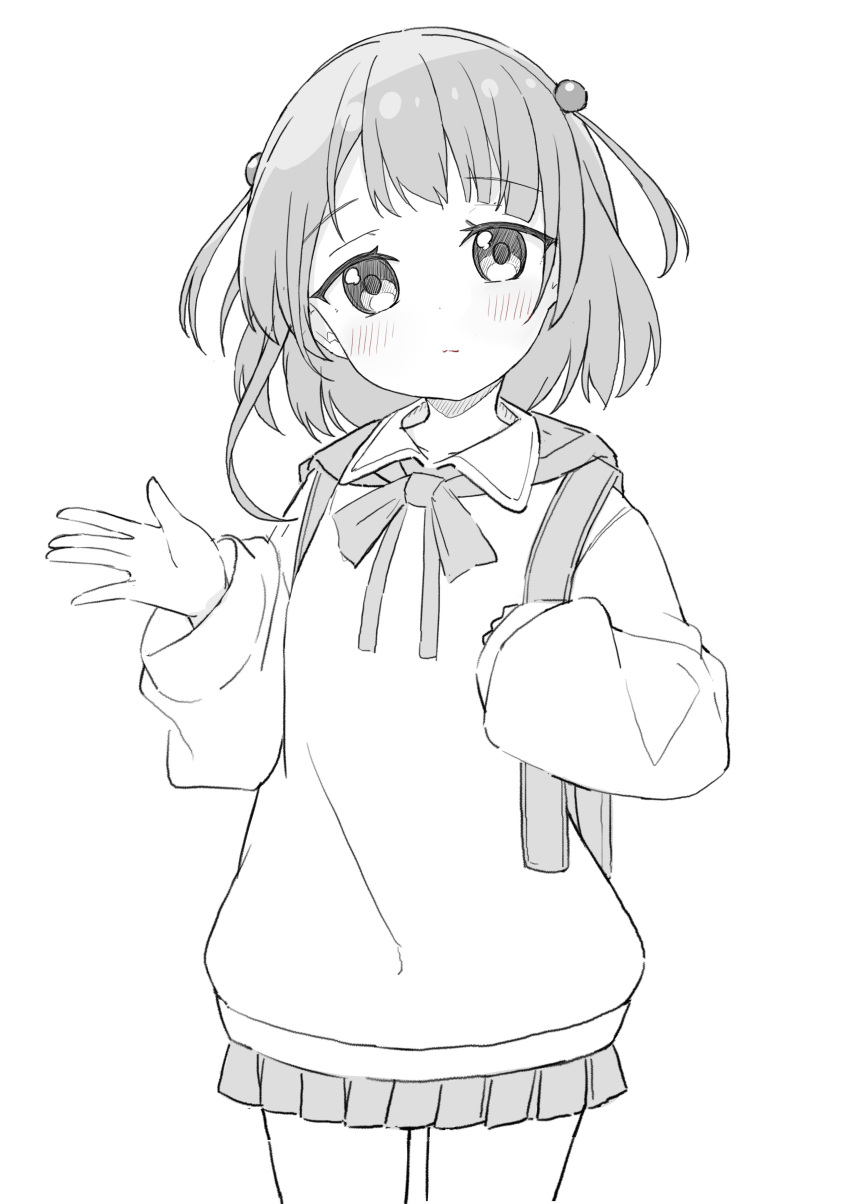 1girl absurdres backpack bag bangs blush bow closed_mouth collared_shirt commentary_request greyscale hands_up highres long_sleeves looking_at_viewer monochrome okota_mikan original pleated_skirt puffy_long_sleeves puffy_sleeves shirt skirt sleeves_past_wrists solo two_side_up