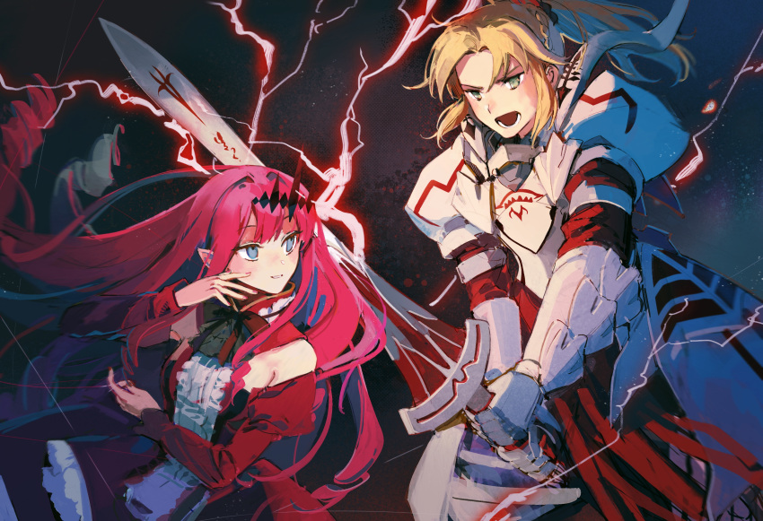 2girls absurdres armor bangs blonde_hair blue_eyes eyebrows_hidden_by_hair fairy_knight_tristan_(fate) fate/apocrypha fate/grand_order fate_(series) green_eyes hair_between_eyes hairband highres holding holding_sword holding_weapon incoming_attack long_hair looking_at_another mordred_(fate) mordred_(fate/apocrypha) multiple_girls nail_polish open_mouth redhead skirt smile sword weapon yorktown_cv-5