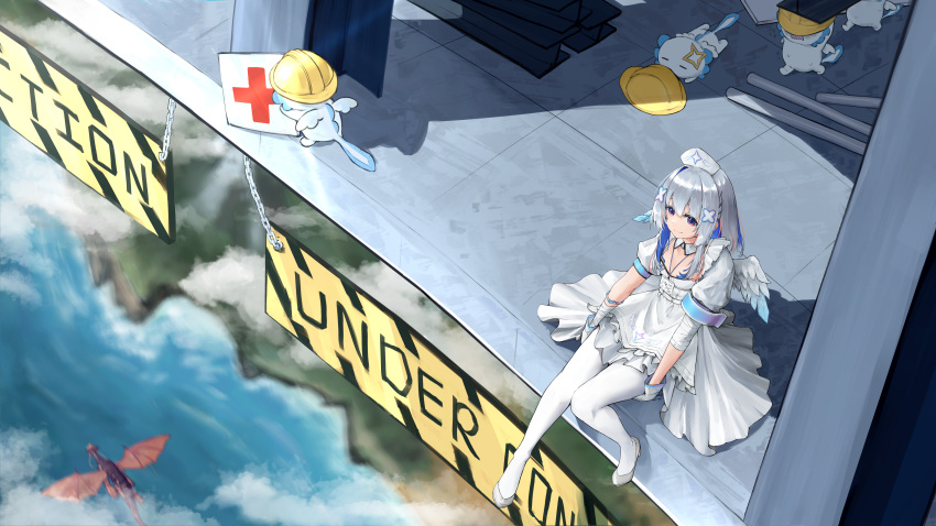 1girl above_clouds absurdres amane_kanata axolotl_(minecraft) bandaged_arm bandages blue_hair caution_tape clouds colored_inner_hair cross dragon dress foot_dangle from_above gloves grey_hair hair_ornament hardhat helmet highres hololive looking_at_viewer medium_hair multicolored_hair official_alternate_costume pantyhose pink_hair puffy_short_sleeves puffy_sleeves red_cross shhhh7 shoes short_dress short_sleeves single_hair_intake sitting smile streaked_hair violet_eyes virtual_youtuber white_dress white_footwear white_gloves white_pantyhose wing_collar x_hair_ornament