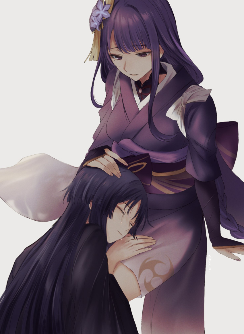 1boy 1girl arm_support bangs black_hair black_jacket blunt_bangs braid braided_ponytail bridal_gauntlets closed_eyes closed_mouth crying dfuma_pqr flower genshin_impact hair_flower hair_ornament hand_on_another's_head hand_up haori highres jacket japanese_clothes kimono lap_pillow long_hair long_sleeves looking_at_another looking_down mole mole_under_eye obi parted_bangs purple_flower purple_hair purple_kimono purple_sash raiden_shogun sash scaramouche_(genshin_impact) sidelocks single_braid sitting tassel tears very_long_hair violet_eyes white_background