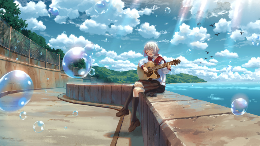 1girl acoustic_guitar after_rain bangs bird black_socks blue_sky brown_footwear chain-link_fence closed_eyes clouds day dtto. fence grey_hair guitar highres hill instrument kneehighs light_rays loafers music on_wall open_mouth original playing_instrument pleated_skirt scenery school_uniform serafuku shijohane shoes shore short_hair singing sitting skirt sky smile socks solo sunlight tree vocaloid water water_drop