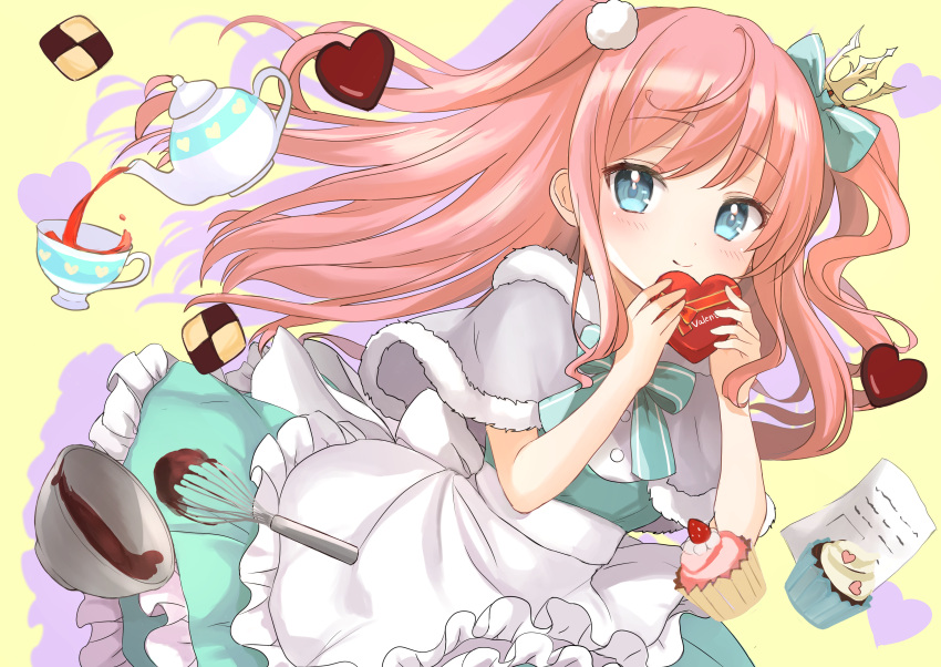 1girl absurdres apron bangs blue_eyes blush bow bowl box candy capelet checkerboard_cookie chocolate cookie crown cup cupcake dress food frilled_dress frills fur-trimmed_capelet fur_trim hair_bow hair_ornament heart heart-shaped_box heart-shaped_chocolate highres holding_boxcutter long_hair looking_at_viewer mini_crown original paper pink_hair pom_pom_(clothes) pom_pom_hair_ornament pouring recipe_(object) ribbon smile solo tea teacup teapot two_side_up valentine waist_apron whisk yaminabe_(szhal14)