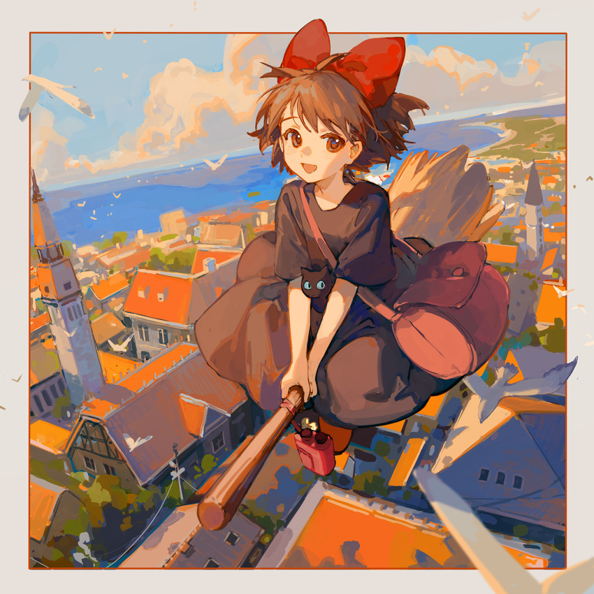 1girl bag bird black_cat border bow broom broom_riding brown_dress brown_eyes brown_hair cat ciloranko cityscape clouds cloudy_sky day dress dutch_angle flying hair_ornament highres jiji_(majo_no_takkyuubin) kiki_(majo_no_takkyuubin) long_dress looking_at_viewer majo_no_takkyuubin medium_hair messenger_bag ocean open_mouth outside_border red_bag red_bow seagull short_sleeves shoulder_bag sky smile straight_hair white_border