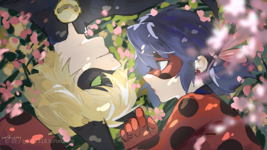 1boy 1girl animal_ears bell blonde_hair blue_eyes blue_hair blurry blurry_foreground bodysuit cat_boy chat_noir cherry_blossoms colored_sclera couple earrings eye_mask fake_animal_ears falling_petals green_eyes green_sclera hair_between_eyes highres jewelry ladybug_(character) looking_at_another lying medium_hair miraculous_ladybug neck_bell on_back on_side parted_lips petals polka_dot short_hair short_twintails suisui_00313 twintails upper_body