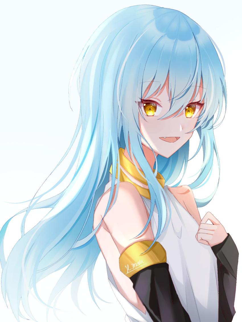 1other :d androgynous bangs black_sleeves blue_hair detached_sleeves fang from_side hair_between_eyes highres long_hair long_sleeves meru_hinano open_mouth rimuru_tempest shiny shiny_hair shirt simple_background sleeveless sleeveless_shirt sleeves_past_wrists smile straight_hair tensei_shitara_slime_datta_ken upper_body very_long_hair white_background white_shirt yellow_eyes