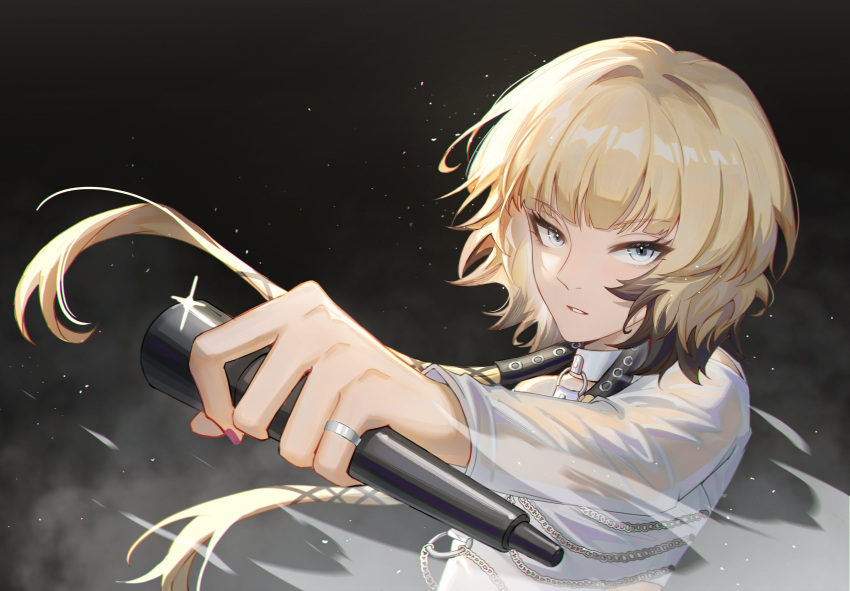 1girl absurdres androgynous bands blonde_hair brown_hair highres holding holding_microphone jewelry microphone multicolored_hair pink_nails real_life reol ring see-through short_hair short_hair_with_long_locks solo song_gang_yi two-tone_hair upper_body white_eyes