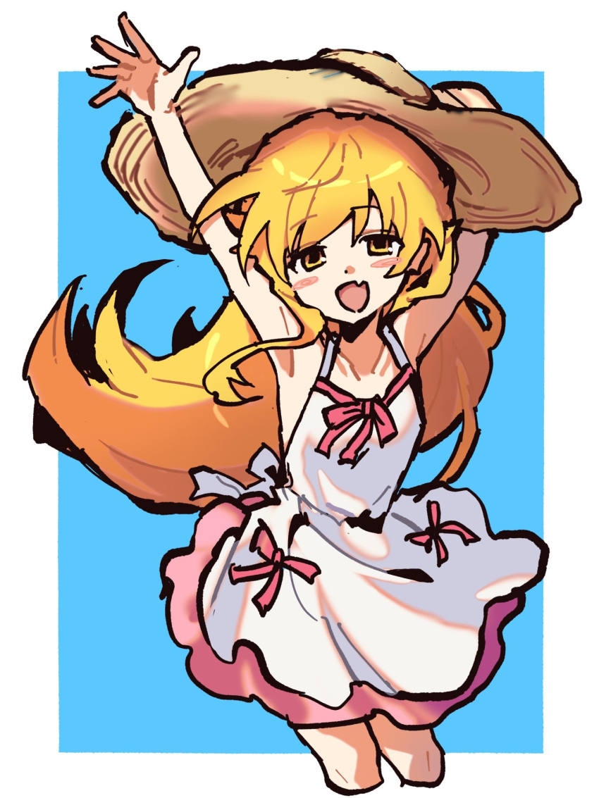 1girl :d apron armpits arms_up bare_arms bare_legs bare_shoulders black_outline blonde_hair blue_background blush_stickers border bow bow_apron collarbone commentary cowboy_shot cropped_legs dot_nose fang flat_chest flipped_hair hair_between_eyes hair_flaps hair_over_shoulder hand_on_headwear hat highres knees_together_feet_apart long_hair looking_at_viewer monogatari_(series) open_mouth oshino_shinobu outline pink_skirt red_bow shadow sidelocks simple_background skirt smile solo square_neckline straw_hat unizuma_eleven untranslatable_commentary very_long_hair waist_bow waving white_apron white_border yellow_eyes
