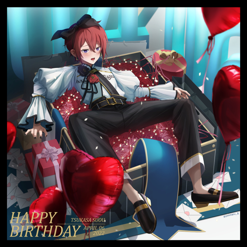1boy absurdres artist_name balloon bangs belt black_belt black_bow black_flower black_footwear black_hairband black_nails black_pants blush bow box crossed_bangs dated earrings ensemble_stars! envelope flower frilled_sleeves frills full_body gift gift_box hair_between_eyes hair_bow hair_ornament hairband happy_birthday heart heart_balloon highres in_box in_container jewelry loafers looking_at_viewer love_letter lying male_focus nail_polish on_back open_mouth pants puffy_sleeves raised_eyebrows red_flower redhead shirt shoes short_hair sidelocks solo spread_legs suou_tsukasa sweatdrop violet_eyes white_shirt yonmaru6