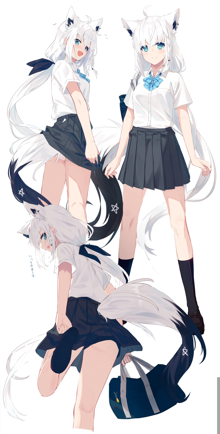 1girl absurdres ahoge animal_ear_fluff animal_ears aqua_eyes bag bangs black_footwear black_skirt blue_bow blue_ribbon bow braid ear_piercing earrings fang fox_ears fox_girl fox_tail hair_between_eyes hair_ribbon highres hololive hololive_gamers jewelry long_hair low_ponytail nagishiro_mito neck_ribbon panties pantyshot pentagram piercing ribbon school_uniform shirakami_fubuki shirt side_braid sidelocks simple_background single_braid single_earring skin_fang skirt tail underwear virtual_youtuber white_background white_hair white_shirt