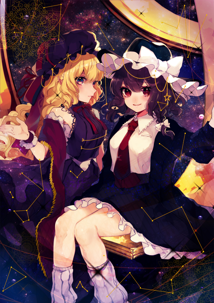 2girls absurdres adapted_costume armillary_sphere bangs black_hair black_headwear black_jacket black_skirt blonde_hair bow closed_mouth collared_shirt commentary_request constellation daimaou_ruaeru dress feet_out_of_frame frilled_hat frilled_shirt_collar frilled_skirt frills grin hat hat_bow hat_ribbon highres jacket lace_trim leg_warmers long_hair long_sleeves looking_at_viewer maribel_hearn medium_hair mob_cap multiple_girls neck_ribbon necktie open_clothes open_jacket planet purple_dress purple_headwear red_eyes red_necktie red_ribbon red_shawl ribbon shawl shirt sideways_glance sitting skirt sky sleeveless sleeveless_dress smile star_(sky) star_(symbol) starry_sky tie_clip touhou usami_renko violet_eyes white_bow white_shirt wrist_cuffs